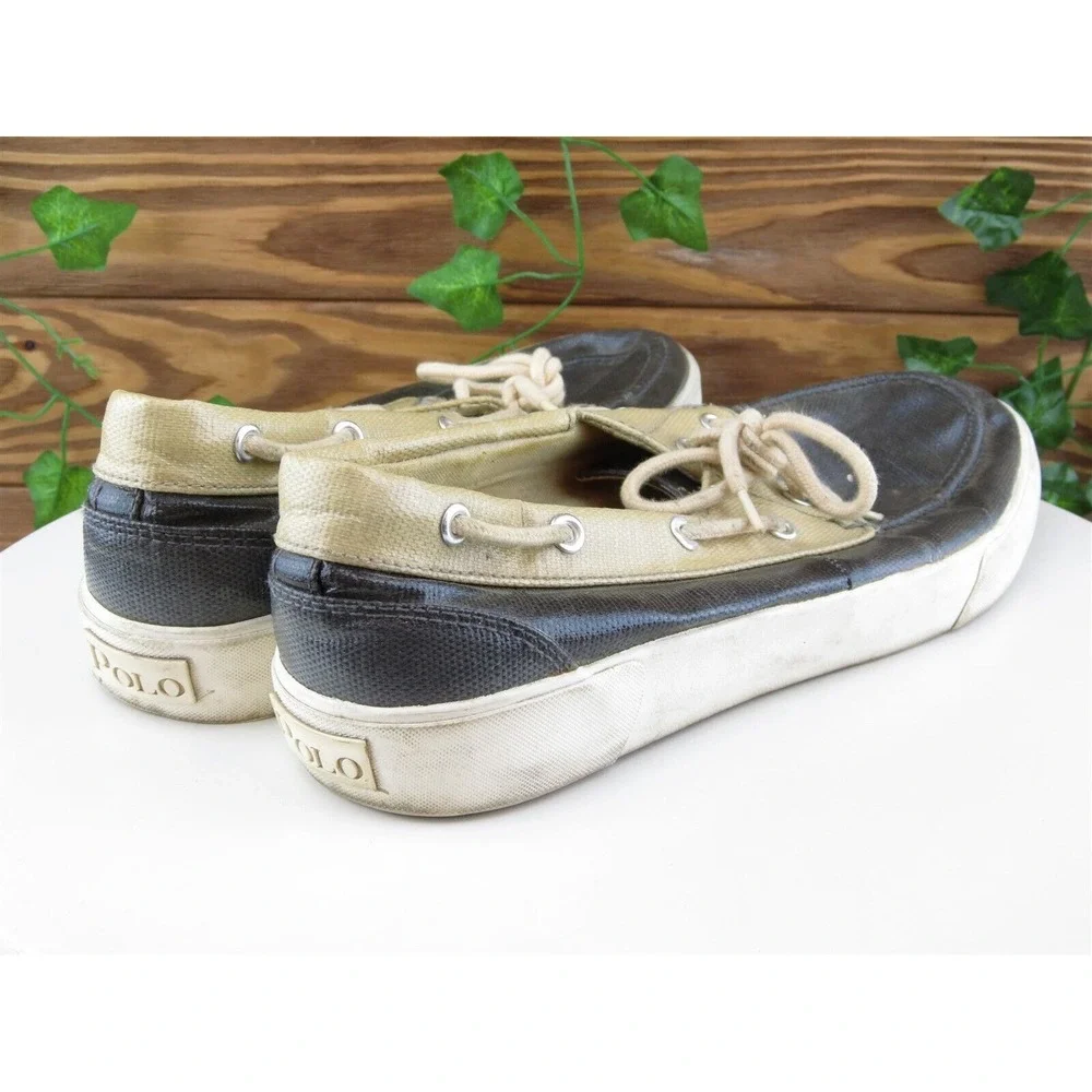 Polo Ralph Lauren Sz 10 Boat Shoe Gray Coated Canvas Men Lace Up Lander Medium‎